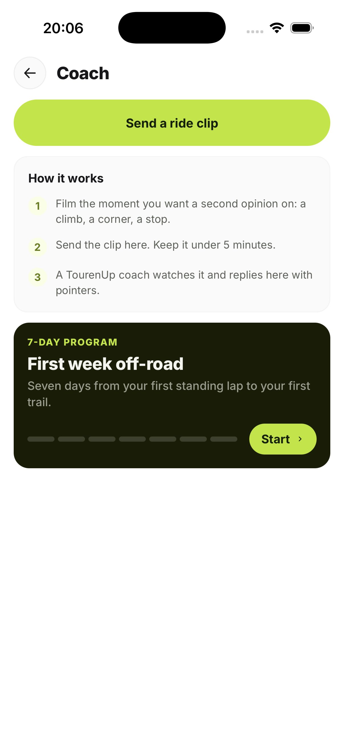 The Coach screen: Send a ride clip, and how it works in three steps.