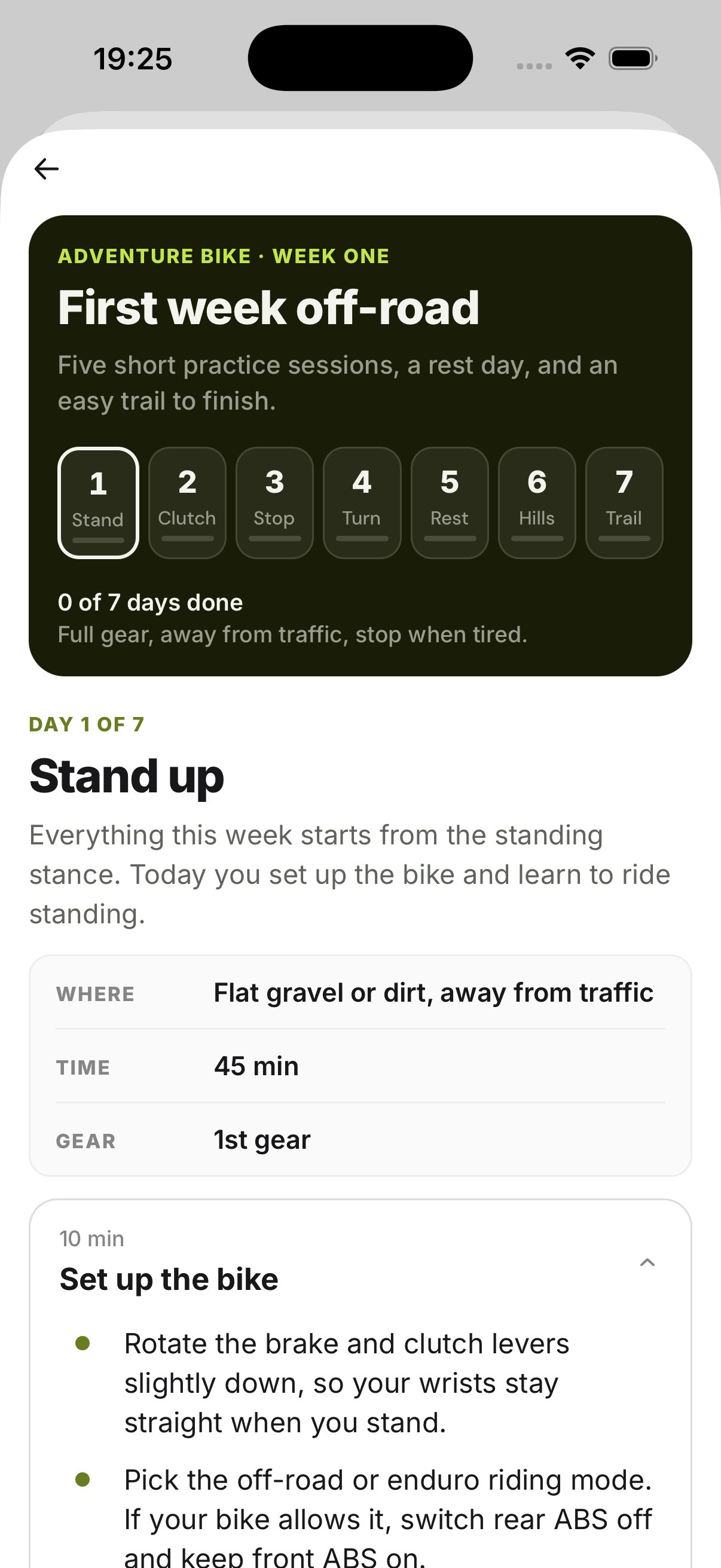 The First week off-road programme: seven days, starting with Stand up.