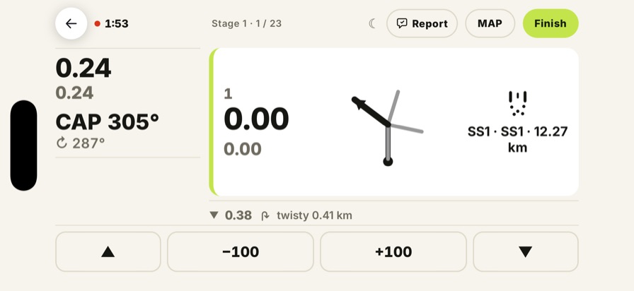 The roadbook cockpit in landscape, stage 1 of 23: ODO 0.24, CAP 305 degrees, the first tulip with its side tracks, and buttons to correct the ODO by 100 m.